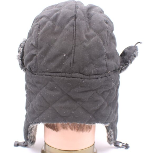 Carbon Elements Black Quilted Faux Fur Trapper Hat Buckle Strap Closure OSFM - Picture 8 of 10
